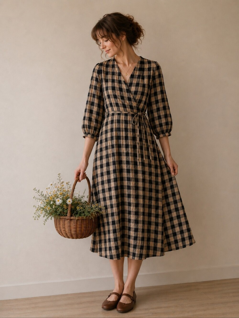 NWOT US6 Black and Cream Gingham Wrap Midi Dress
